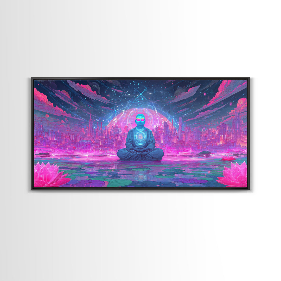 Futuristic Meditating Figure With Neon Cityscape Abstract Wall Art Framed Canvas Print For Office And Living Room