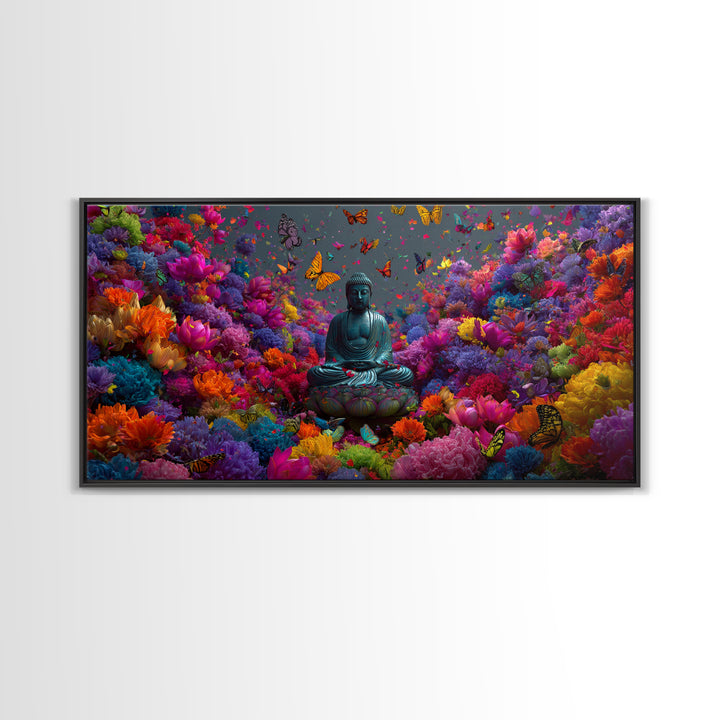 Meditative Buddha Statue Surrounded By Colorful Flowers And Butterflies Contemporary Wall Art Framed Canvas Print