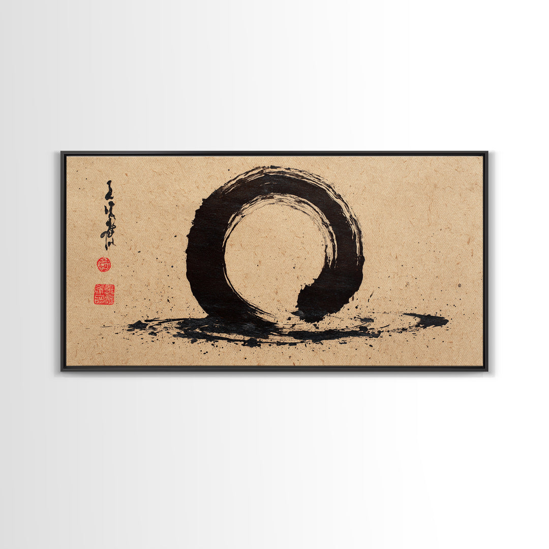 Minimalist Black Ink Enso Circle Painting On Textured Paper Modern Abstract Wall Art Framed Canvas Print For Contemporary Home Decor