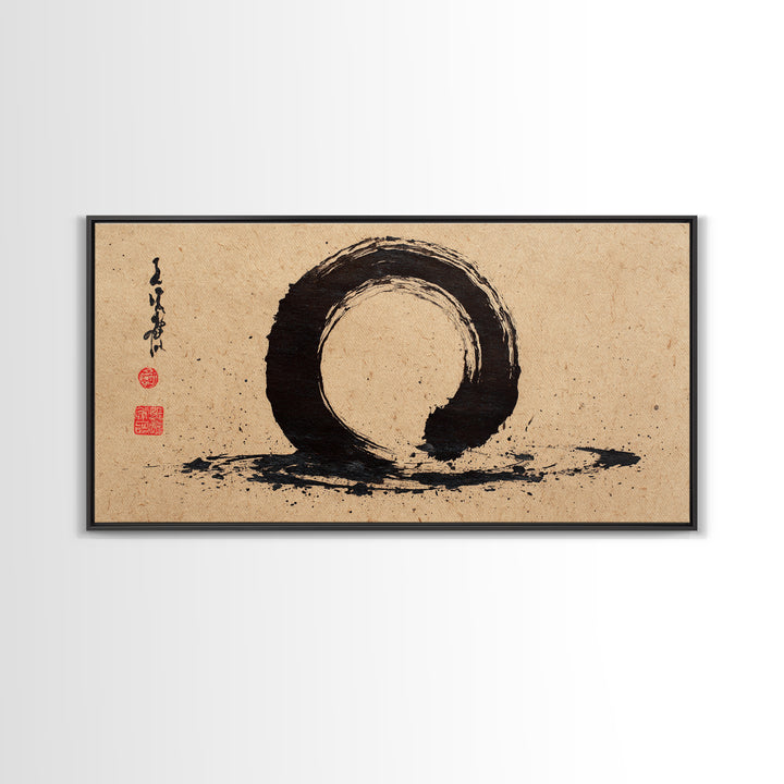 Minimalist Black Ink Enso Circle Painting On Textured Paper Modern Abstract Wall Art Framed Canvas Print For Contemporary Home Decor