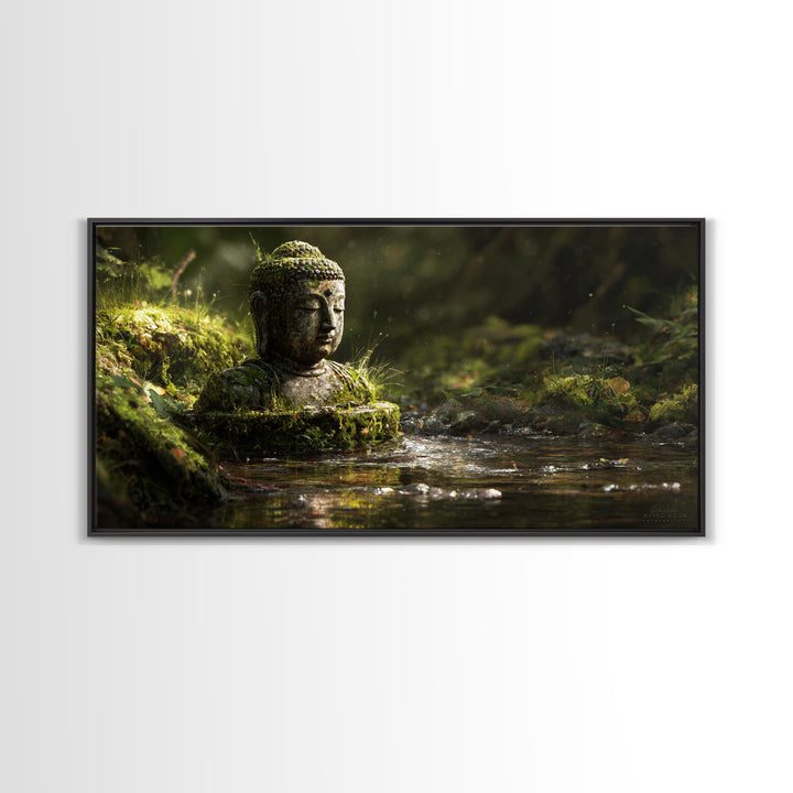 Serene Buddha Statue In Mossy Forest Water Reflection Wall Art Framed Canvas Print For Spa Zen Home Decor