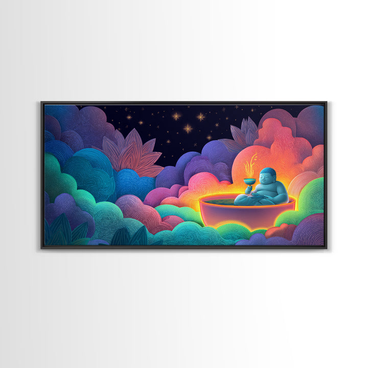 Colorful Vibrant Buddha With Neon Aura And Dynamic Clouds Spiritual Wall Art For Meditation Room And Yoga Studio Canvas Print