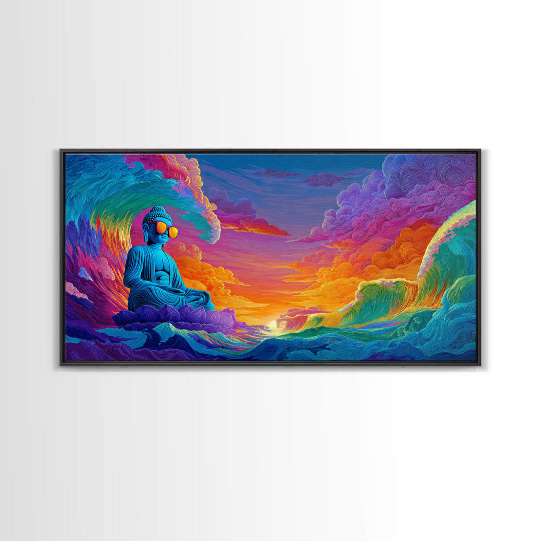 Vibrant Ocean Waves And Blue Buddha Sunset Landscape Wall Art Canvas Print For Relaxing Home Decor And Living Room