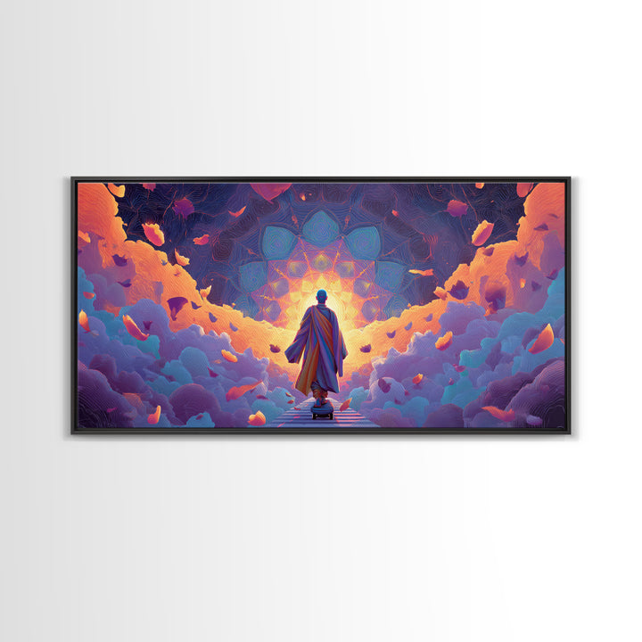 Mystical Monk Walking On Path Surrounded By Glowing Petals Spiritual Canvas Print Meditative Wall Art For Home Decor