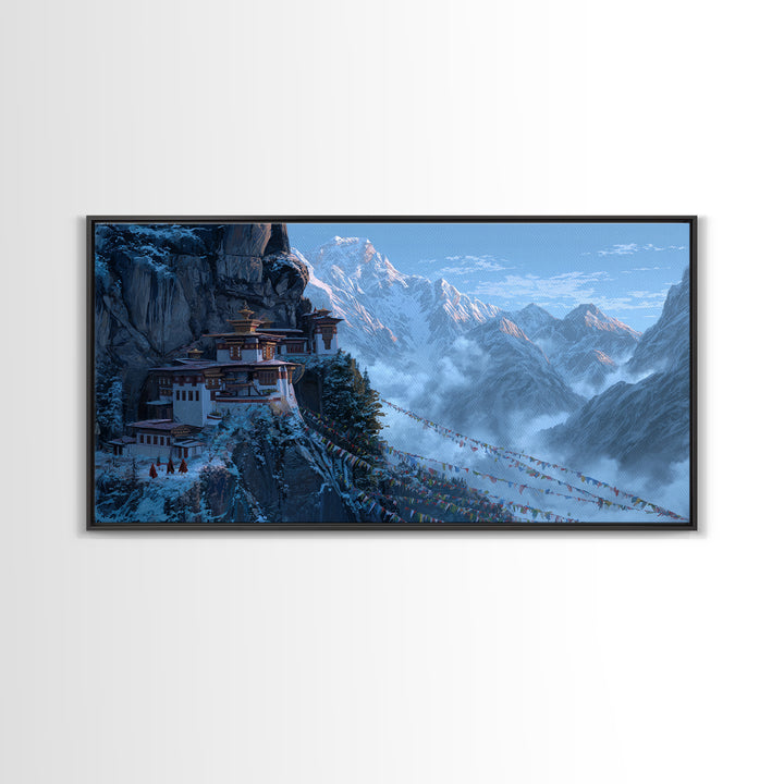 Snowy Mountain Monastery Landscape With Prayer Flags Serene Nature Scene Wall Art Framed Canvas Print For Meditation Room Decor