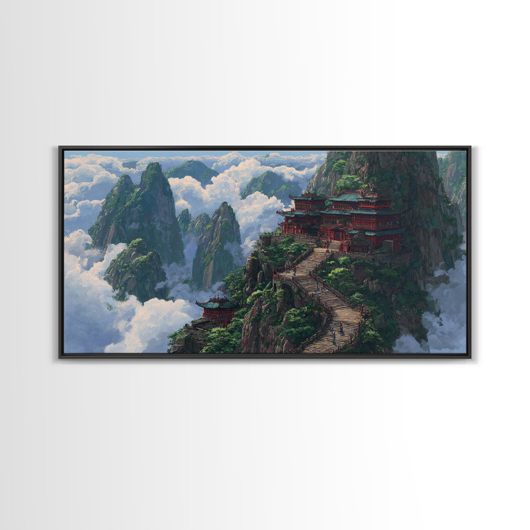 Scenic Traditional Asian Mountain Temple Landscape Painting Framed Canvas Print, Large Wall Art For Living Room Decor And Housewarming Gift