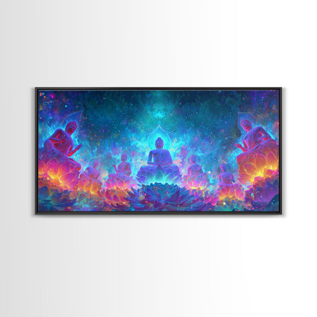 Mystical Buddha Statues Surrounded By Vibrant Lotus Flowers Spiritual Wall Art For Yoga Room Decor Canvas Print