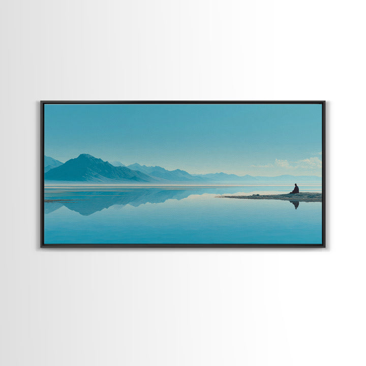 Tranquil Meditation Scene On Lake With Person Sitting Calm Water And Mountains Framed Canvas Print Zen Wall Art For Home Decor