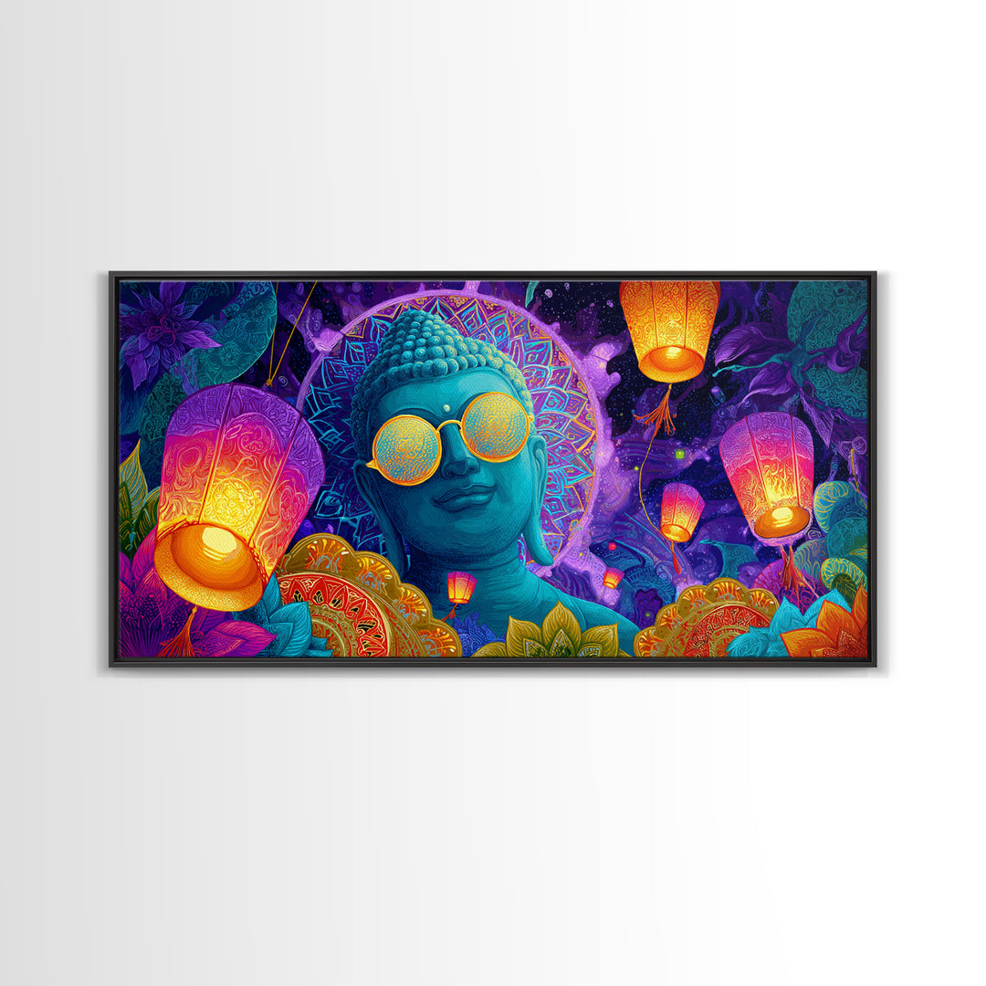 Colorful Buddha Statue With Lanterns And Floral Mandala Neon Art Print Modern Spiritual Wall Art Framed Canvas Print