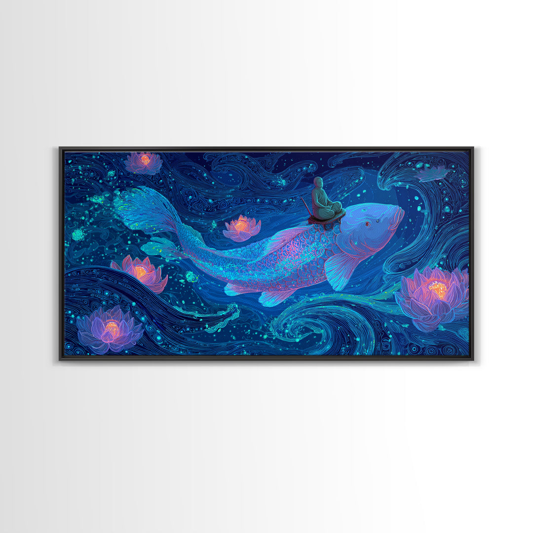 Magical Koi Fish Swimming Among Lotus Flowers In Blue Water Contemporary Wall Art Canvas Print For Zen Home Decor And Spa Rooms