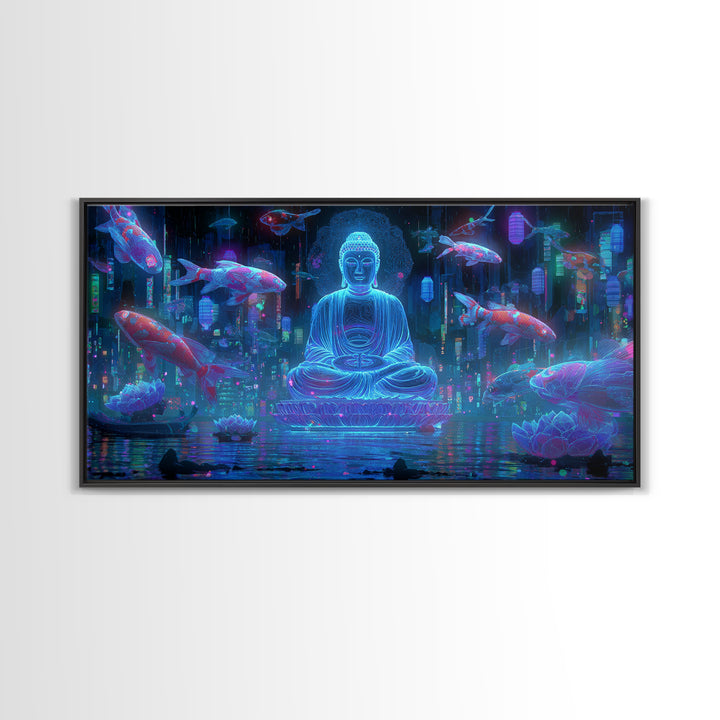 Mystical Neon Buddha Sitting With Koi Fish In Cyber Water Garden Wall Art Digital Canvas Print For Modern Home Decor