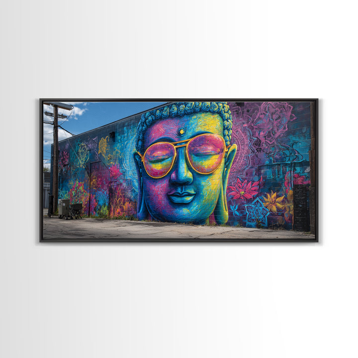 Colorful Graffiti Mural Of Buddha Wearing Sunglasses Vibrant Street Art Wall Art Framed Canvas Print