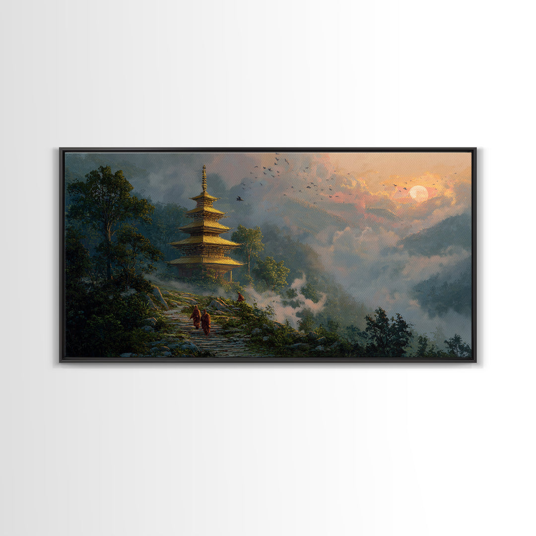 Serene Mystic Temple Amidst Lush Nature With Rising Sun Landscape Wall Art, Original Painting, Zen Home Decor Framed Canvas Print