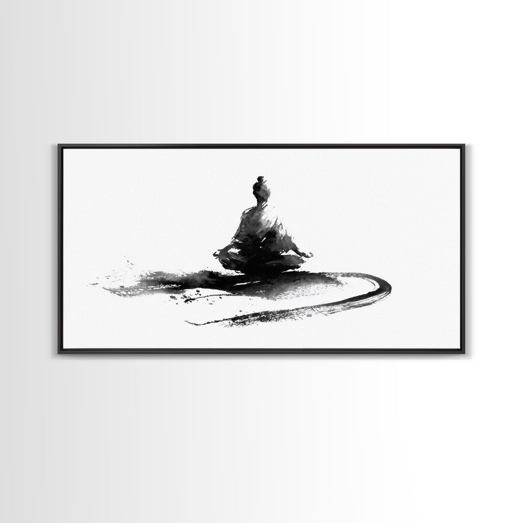 Minimalist Black And White Ink Painting Of Meditating Figure Abstract Wall Art Canvas Print For Modern Home Decor