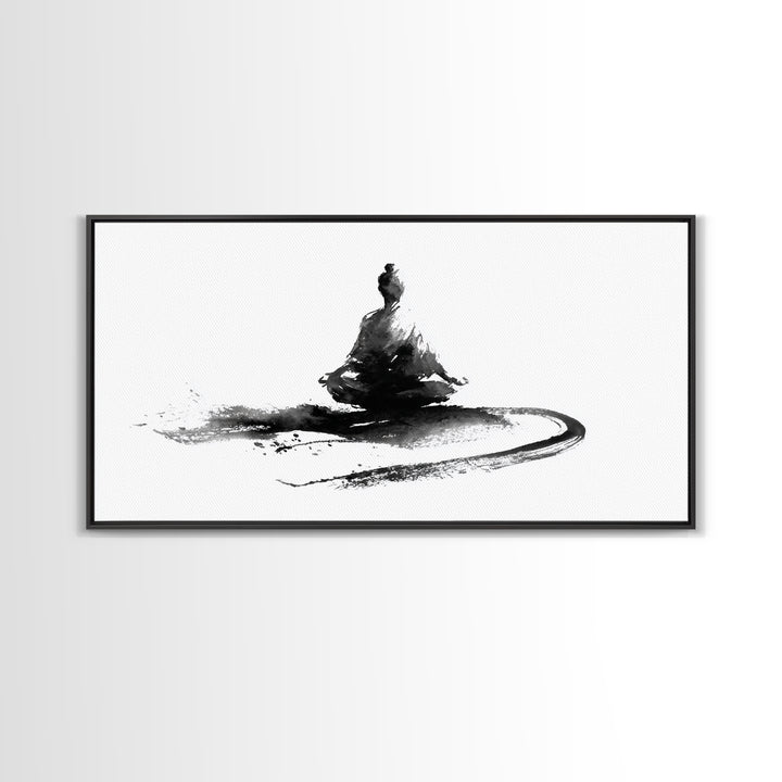 Minimalist Black And White Ink Painting Of Meditating Figure Abstract Wall Art Canvas Print For Modern Home Decor