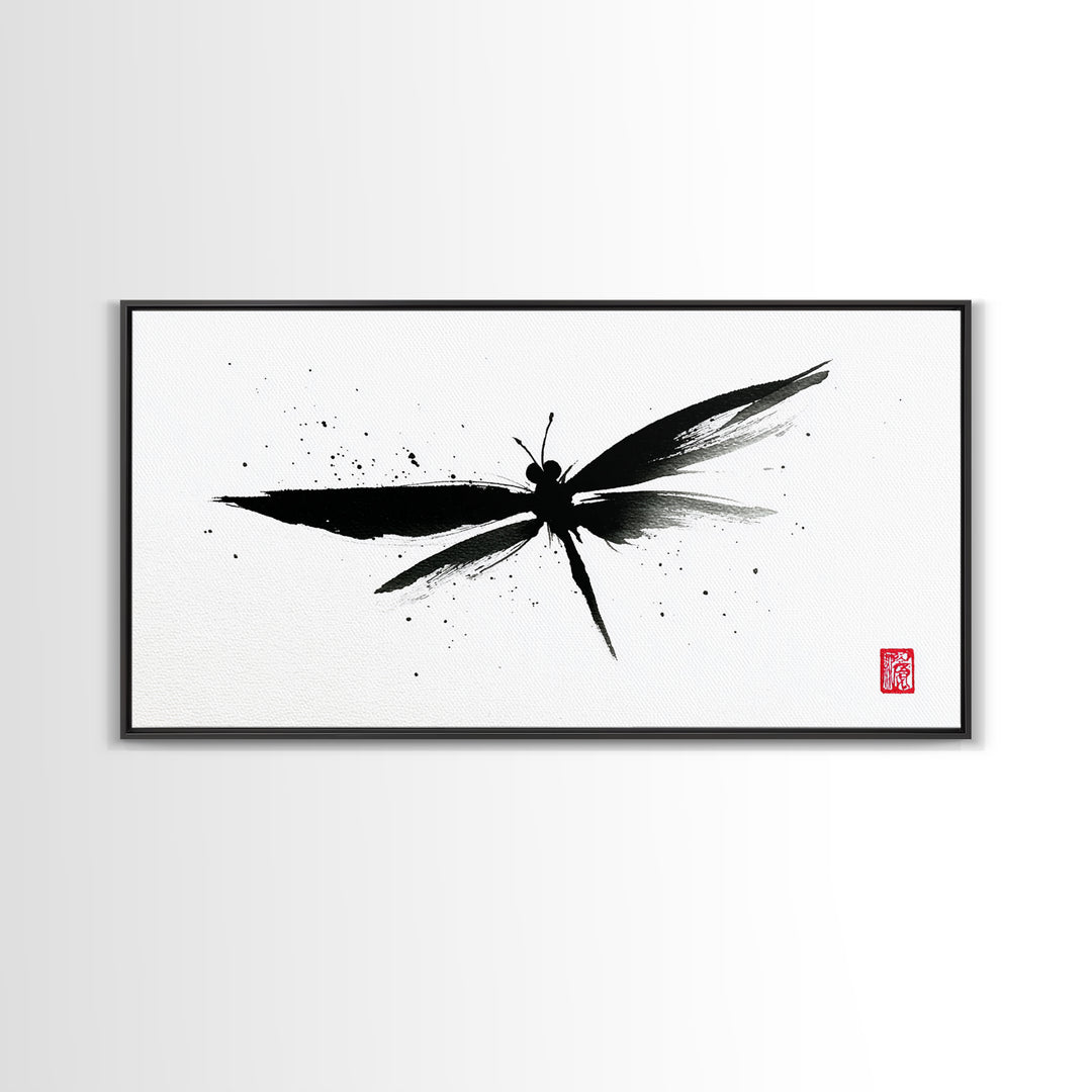 Zen Brush Stroke Dragonfly Japanese Ink Painting Minimalist Black And White Wall Art For Modern Home Decor Canvas Print