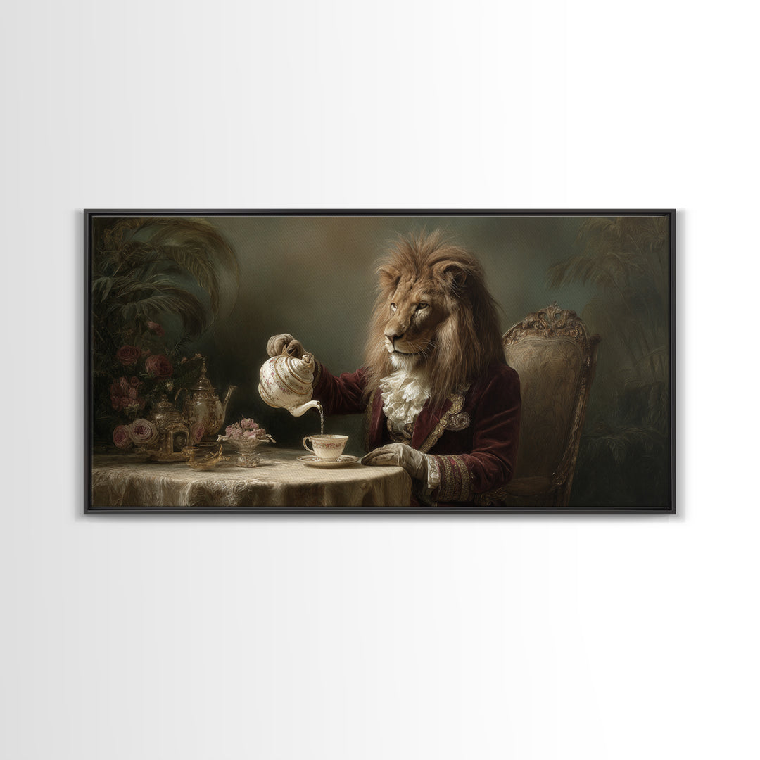 Regal Lion Having Afternoon Tea Wall Art, Whimsical Animal Canvas Print, Funny Bathroom Decor, Unique Gift For Her, Quirky Wall Decor