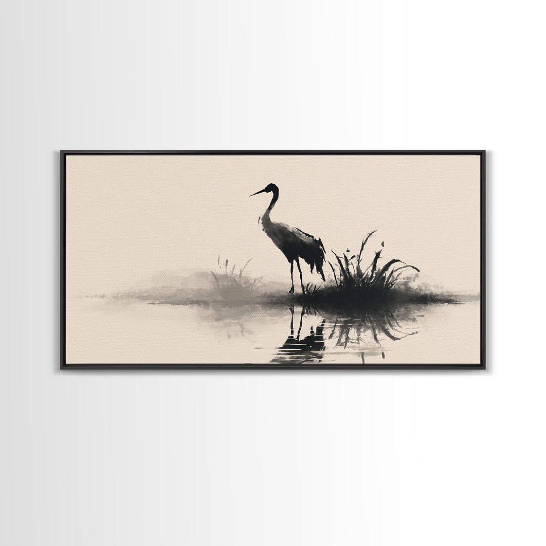 Elegant Black Crane Silhouette Reflecting Over Calm Water Minimalist Wall Art Framed Canvas Print For Home Decor