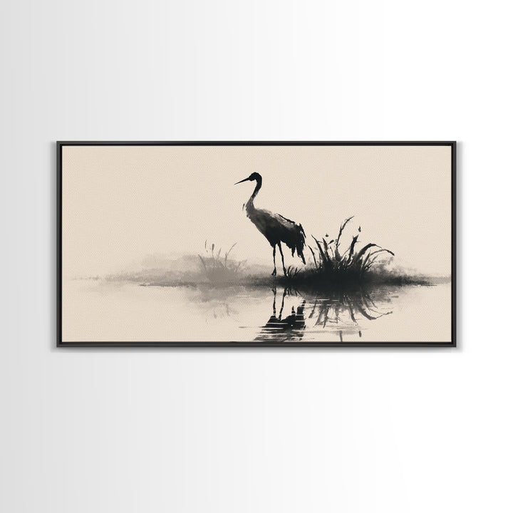Elegant Black Crane Silhouette Reflecting Over Calm Water Minimalist Wall Art Framed Canvas Print For Home Decor