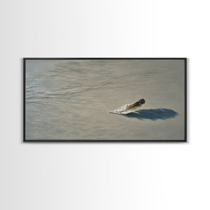 Delicate Single Feather With Realistic Shadow In Soft Beige Canvas Print For Elegant Wall Art Home Decor