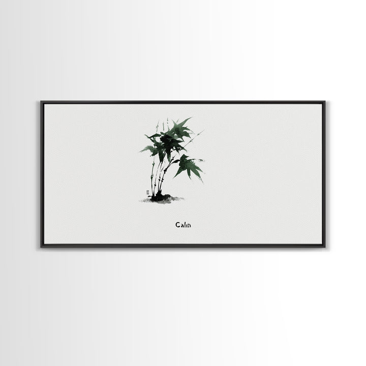 Minimalist Japanese Ink Painting Of Green Maple Leaves Calm Nature Wall Art Framed Canvas Print For Zen Home Decor