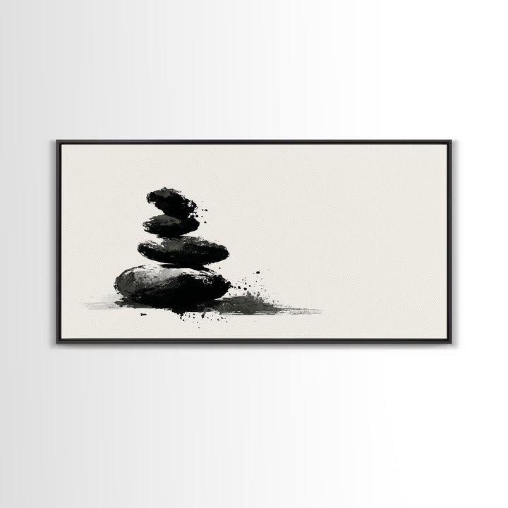 Minimalist Black And White Zen Stones Abstract Painting Wall Art Framed Canvas Print For Modern Home Decor