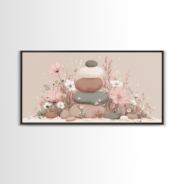 Stacked Zen Stones Wall Art, Pink Floral Spa Decor, Wabi Sabi Neutral Home Decor, Calming Bathroom Meditation Canvas Print
