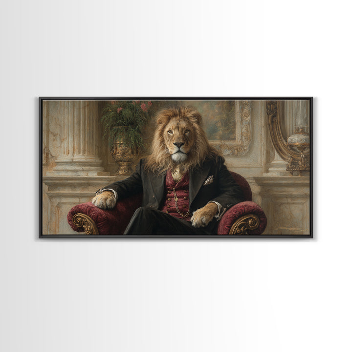 Regal Lion In Velvet Armchair Wall Art, Victorian Animal Portrait, Luxury Home Decor, Moody Living Room Art, Gift For Him