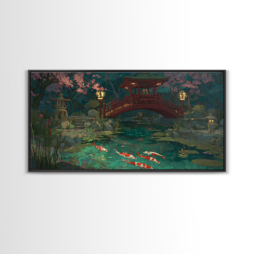 Peaceful Japanese Garden Pond With Koi Fish And Traditional Bridge Painting, Serene Wall Art, Framed Canvas Print For Zen Home Decor