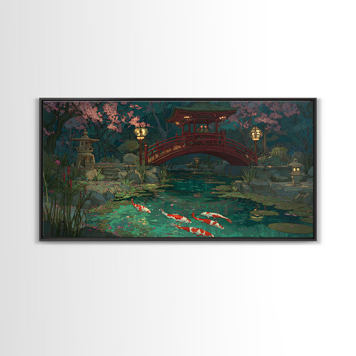 Peaceful Japanese Garden Pond With Koi Fish And Traditional Bridge Painting, Serene Wall Art, Framed Canvas Print For Zen Home Decor