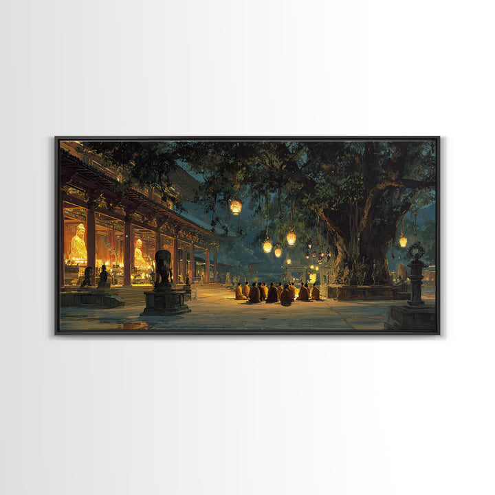 Serene Buddhist Monks Meditating Under Ancient Tree At Temple Warm Glowing Lights Wall Art Framed Canvas Print For Spiritual Home Decor