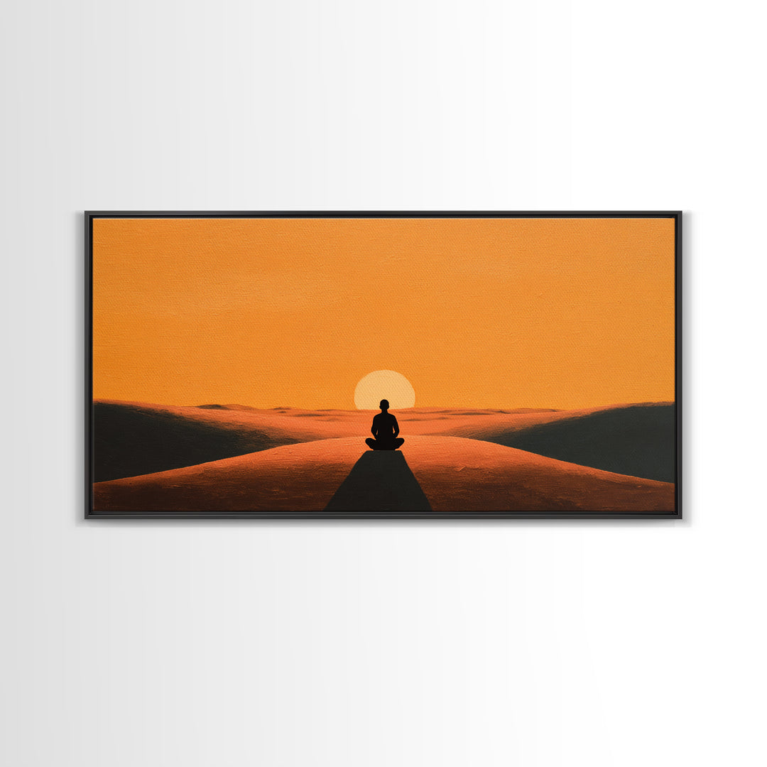 Meditative Silhouette On Warm Sunset Dunes Minimalist Wall Art Canvas Print For Relaxing Home Décor