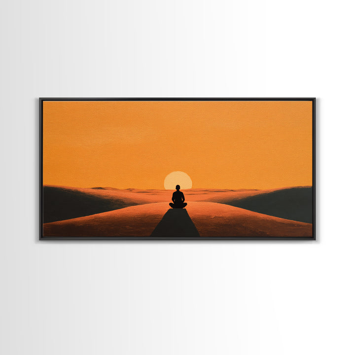 Meditative Silhouette On Warm Sunset Dunes Minimalist Wall Art Canvas Print For Relaxing Home Décor