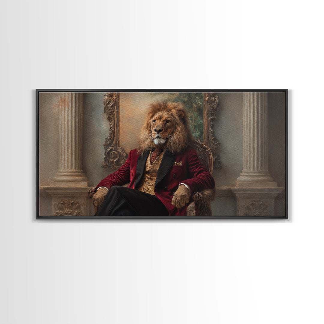 Lion King In Red Velvet Suit Canvas Print, Regal Animal Wall Art, Victorian Portrait, Masculine Office Decor, Gift For Him