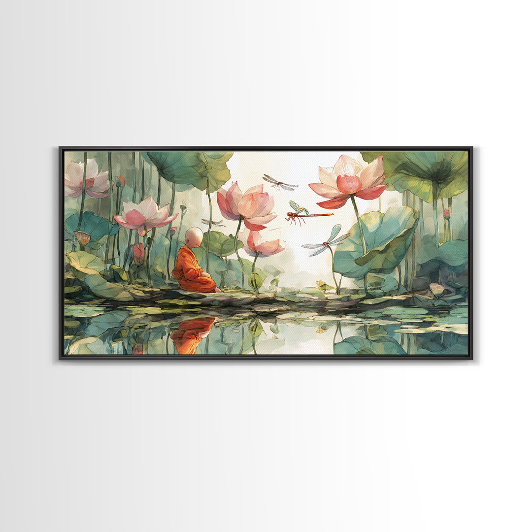Serene Meditating Monk Among Lotus Flowers And Dragonflies Wall Art Beautiful Calm Nature Scene Framed Canvas Print