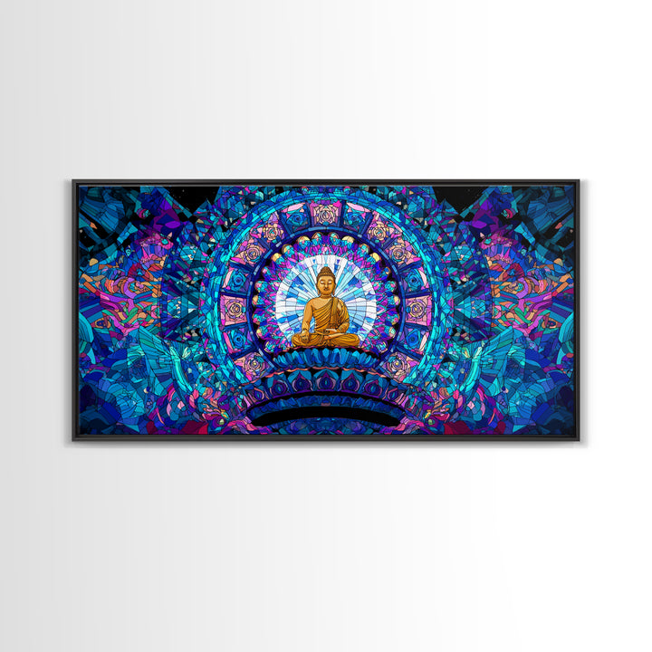 Stained Glass Style Blue Buddha Meditation Wall Art Framed Canvas Print For Spa Decor And Spiritual Home Decor