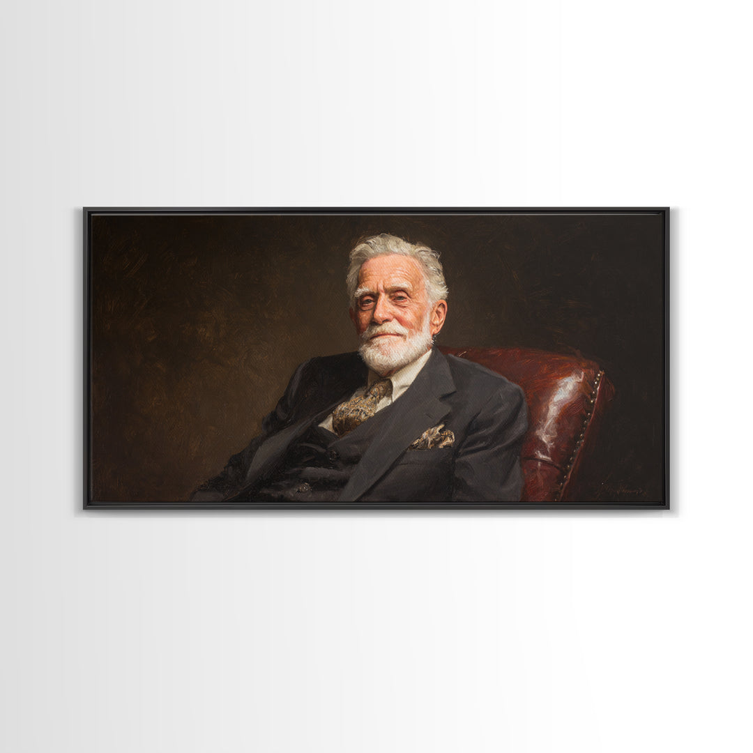 Distinguished Elder Gentleman Portrait Framed Canvas Print, Classic Wall Art, Dark Academia Decor, Office Art, Gift For Him