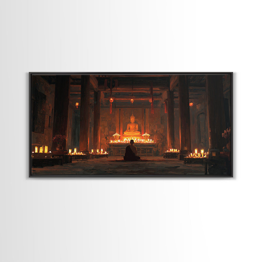 Serene Buddha Meditation In Candlelit Temple Painting Wall Art Home Spiritual Canvas Print Zen Decor