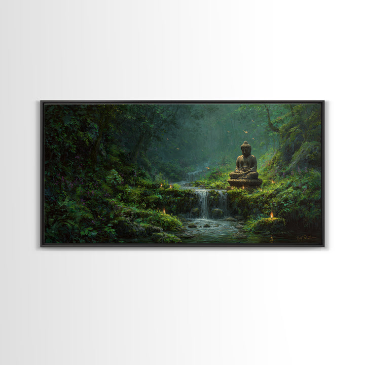 Serene Buddha Statue Waterfall Forest Scene Tranquil Landscape Wall Art Framed Canvas Print To Create Zen Home Decor Or Meditation Room