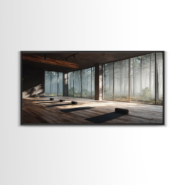 Peaceful Yoga Studio Interior With Forest View Wall Art Canvas Print Modern Office Decor Tranquil Space