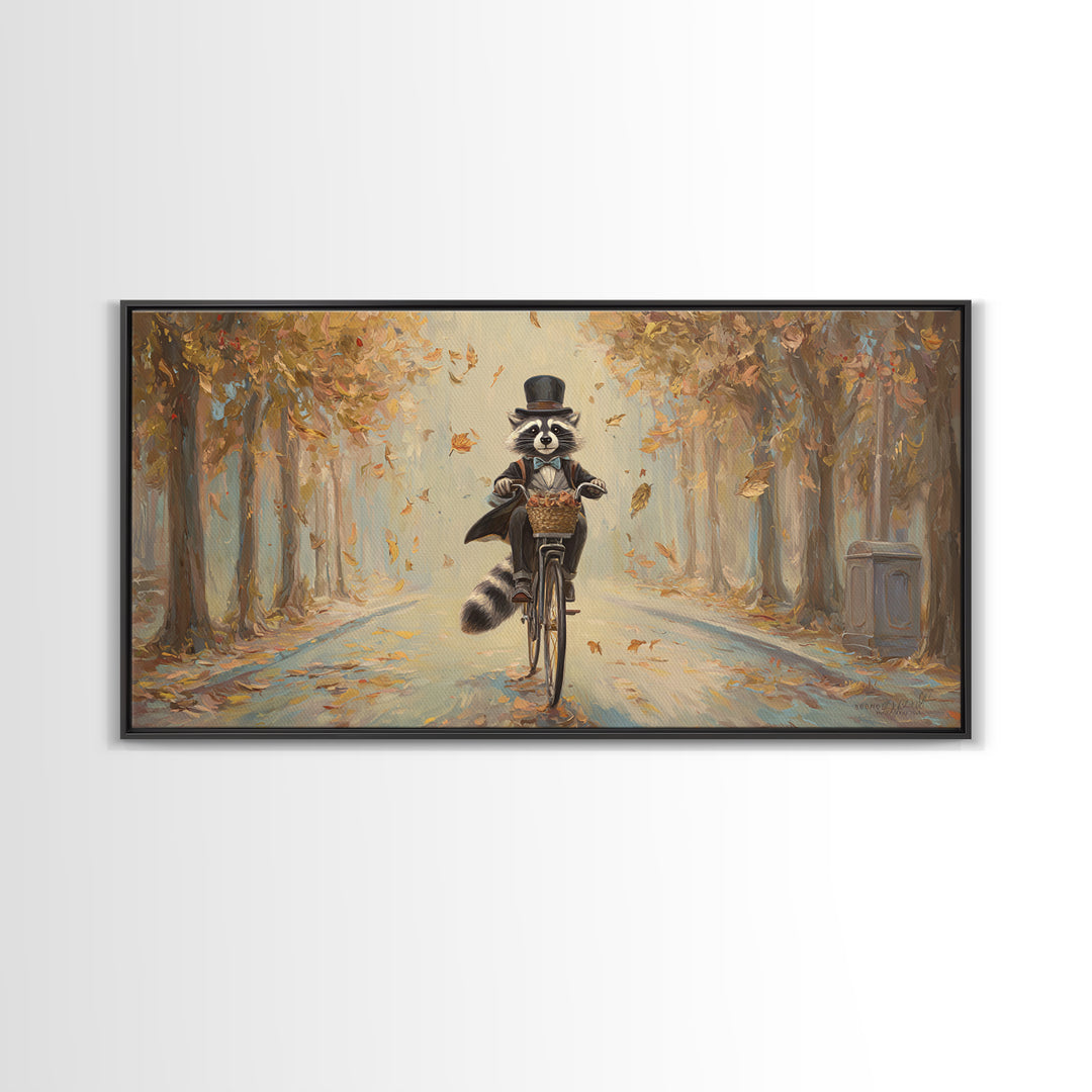 Whimsical Raccoon Riding Bicycle Canvas Print, Autumn Wall Art, Cute Animal Art, Kids Room Decor, Nursery Wall Art, Gift