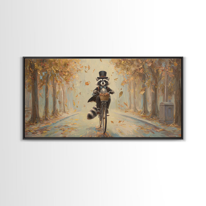 Whimsical Raccoon Riding Bicycle Canvas Print, Autumn Wall Art, Cute Animal Art, Kids Room Decor, Nursery Wall Art, Gift