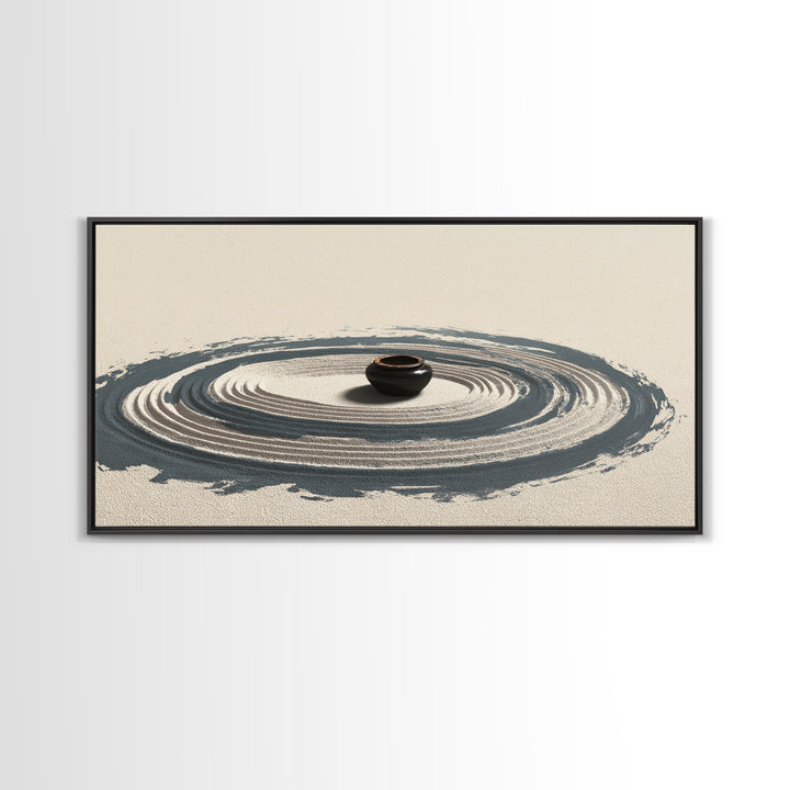 Zen Garden Sand Spiral With Ceramic Pot Minimalist Spiritual Wall Art For Meditation Room Decor Framed Canvas Print