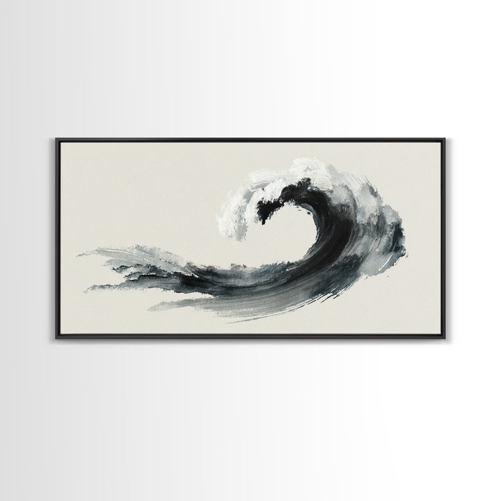Japanese Ink Painting Black Wave Minimalist Brush Stroke Abstract Art Wall Art Framed Canvas Print For Modern Living Room Decor