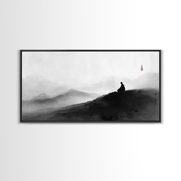 Peaceful Black And White Zen Mountain Meditation Wall Art Framed Canvas Print Spiritual Decor