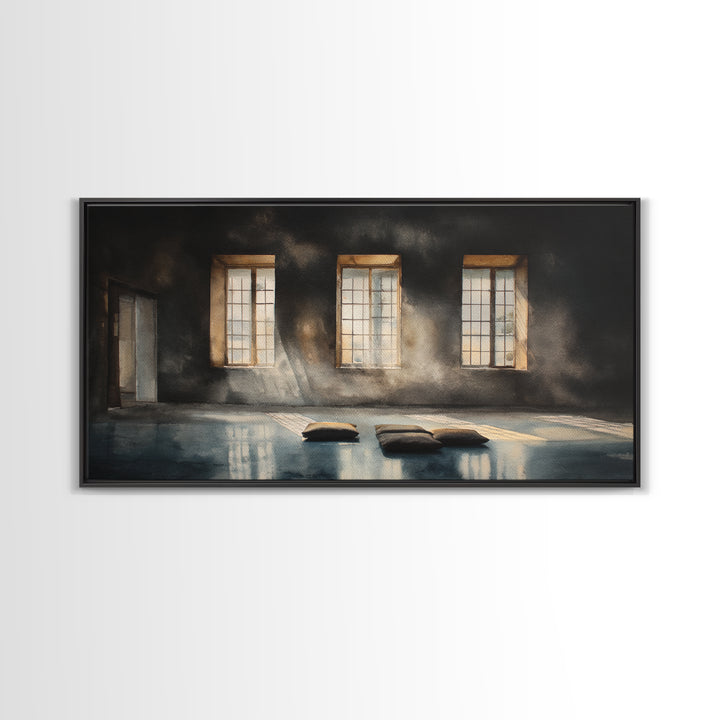 Sunlit Empty Room With Cushions And Large Windows Oil Painting Canvas Print Moody Wall Art For Minimalist Office Decor