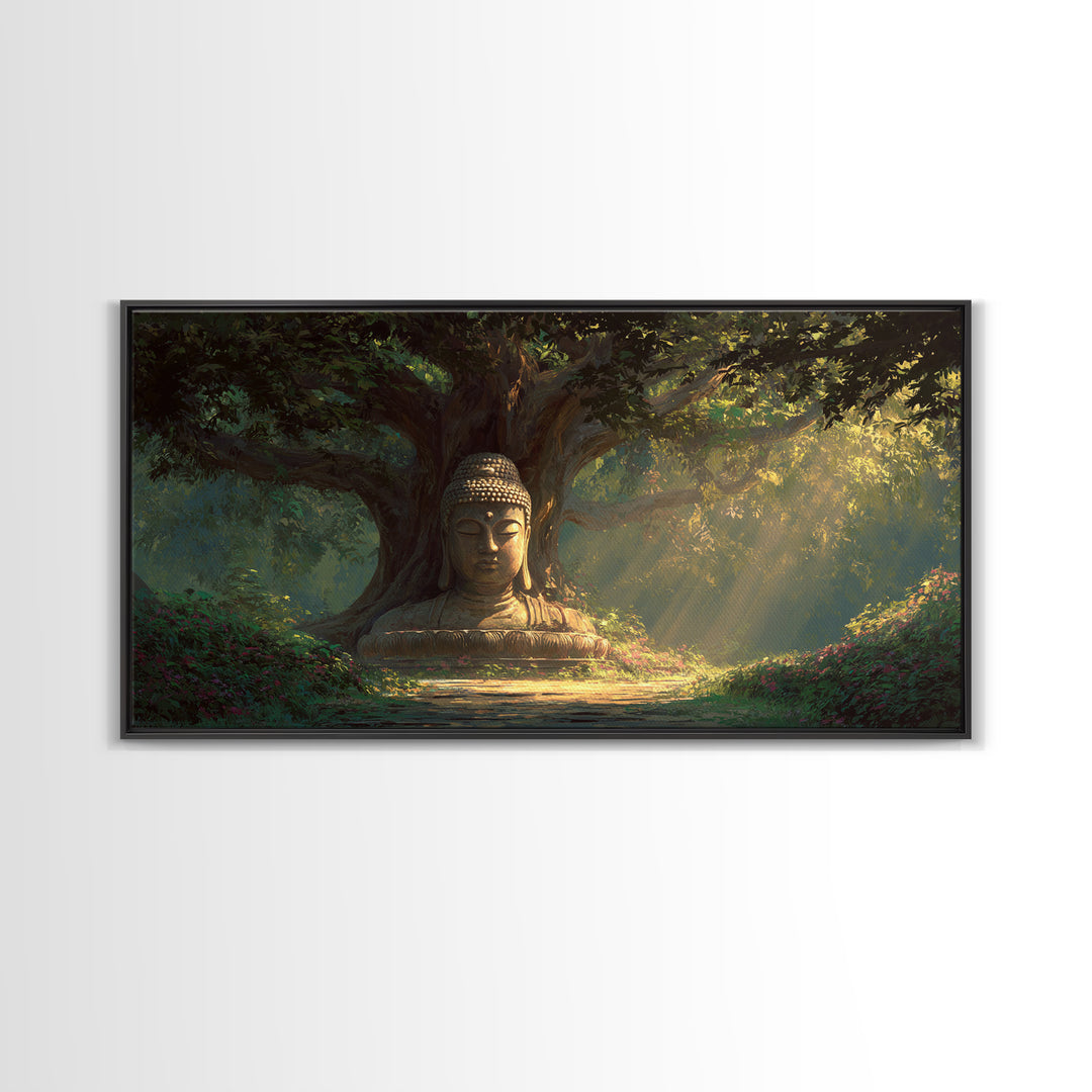 Serene Buddha Statue In Lush Forest Meditation Wall Art Framed Canvas Print For Zen Home Decor And Spiritual Wall Decor