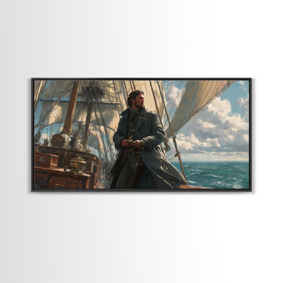 Sailor On Tall Ship At Sea Framed Canvas Print, Nautical Wall Art, Seascape Painting, Coastal Decor, Ocean Wall Art, Gift For Him