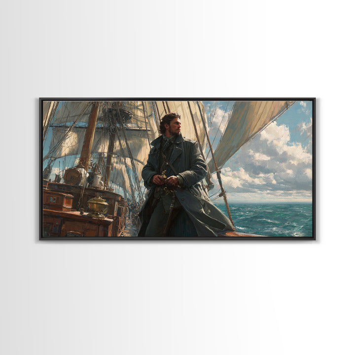 Sailor On Tall Ship At Sea Framed Canvas Print, Nautical Wall Art, Seascape Painting, Coastal Decor, Ocean Wall Art, Gift For Him