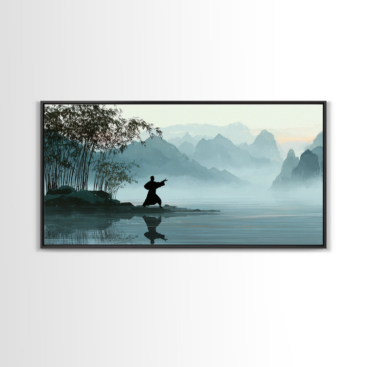 Serene Landscape With Taiji Practitioner By Water Misty Mountains Background Canvas Print Modern Wall Art Home Decor